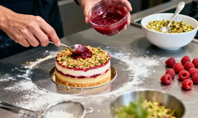 Un chef ajoute une touche finale à un gâteau, déposant une compotée pour créer un insert croustillant framboise.