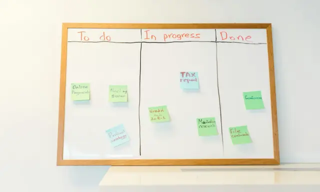 Tableau blanc avec des post-its : "To do", "In progress", "Done". Une to do list partagée pour suivre les tâches.