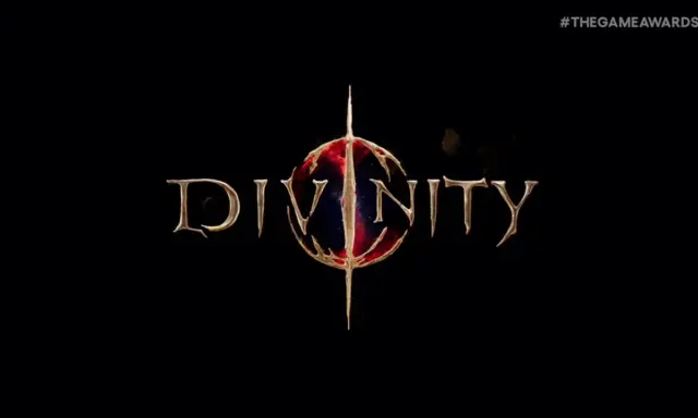 Złoty napis "DIVINITY" z centralnym, krwistoczerwonym symbolem, zapowiadający Divinity 3.