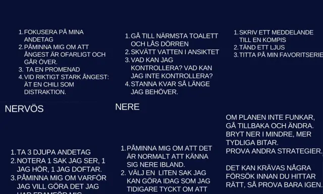 Textlistor med strategier för ångest, stress, ensamhet och nervositet. En strategi för stark ilska är att äta en chili som distraktion.