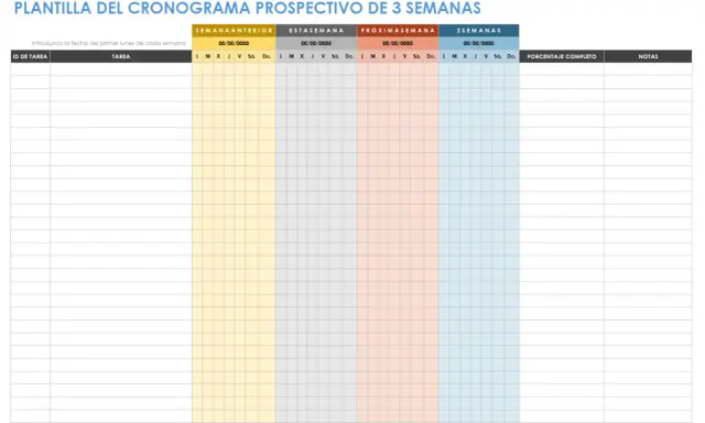 Plantilla para un cronograma obra de 3 semanas, con columnas para tareas, días de la semana y notas.