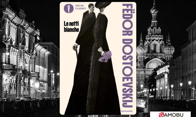 Copertina di "Le notti bianche" di Dostoevskij, con figure eleganti e architettura notturna.