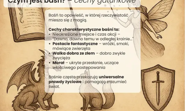Smok, wróżka i lis ilustrują cechy baśni: magię, fantastyczne postacie i walkę dobra ze złem.