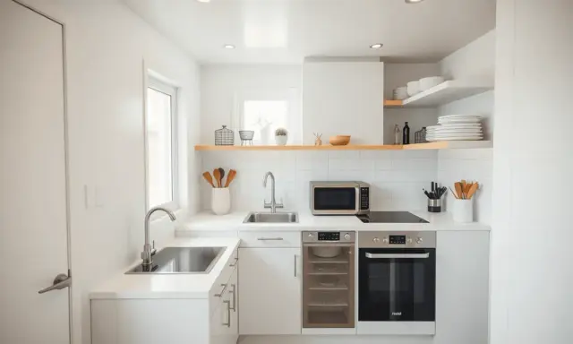 Aménagement petite cuisine 2m2 : évier, plaque induction, four, micro-ondes et rangements optimisés dans un espace minimaliste et lumineux.
