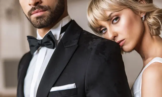 Elegancki mężczyzna w czarnym smokingu z muchą i białą koszulą. Obok niego opiera się kobieta w białej sukni. Idealny przykład, jaka koszula do muchy.