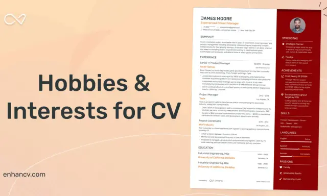 Grafika z tekstem "Hobbies & Interests for CV" na jasnym tle.