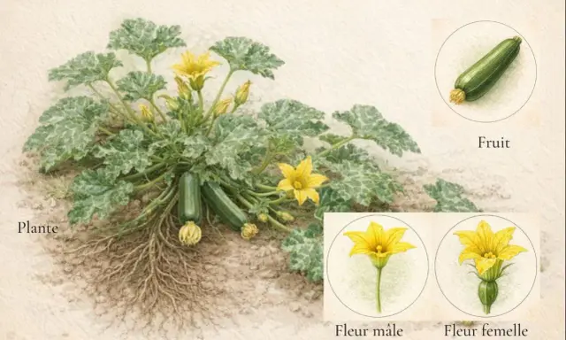 Plante de courgette avec ses fruits, ses racines et ses fleurs mâles et femelles. La fleur de courgette est jaune vif.