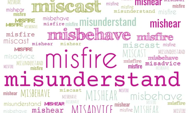 Prefix "co to" - słowa takie jak miscast, misfire, mishear, misbehave, misadvise, misundertand tworzą chmurę słów.
