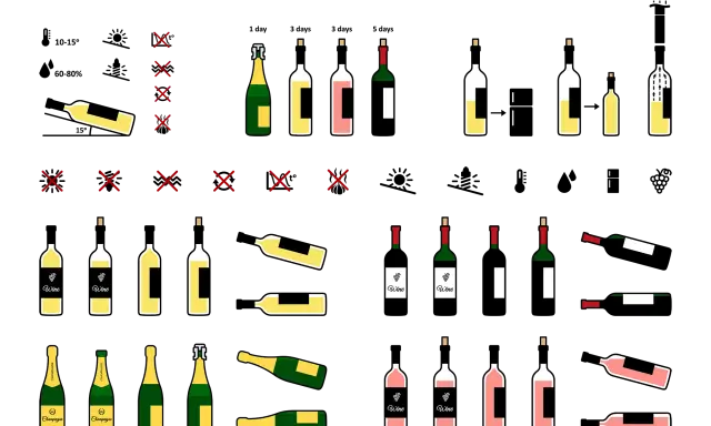 Illustration de bouteilles de vin et de champagne, certaines couchées, d'autres debout, prêtes à chambrer le vin.