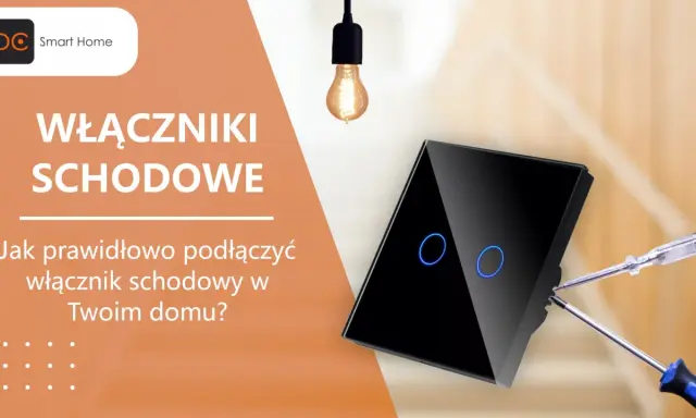 Schemat podłączenia wyłącznika schodowego. Nowoczesny, czarny włącznik z niebieskim podświetleniem i narzędzia do montażu.