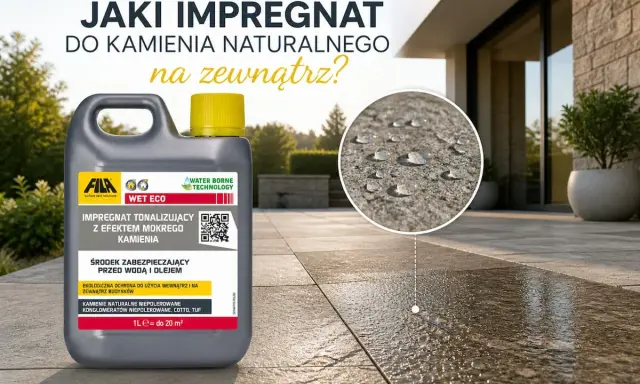 Butelka impregnatu do kamienia naturalnego na zewnątrz. Kropelki wody na kamieniu pokazują efekt hydrofobowy.