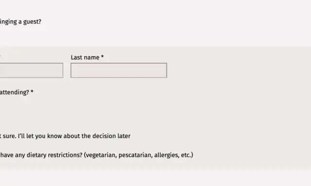 Formularz RSVP: podaj imię, nazwisko i wybierz "Tak" lub "Nie", aby potwierdzić przybycie na wesele.