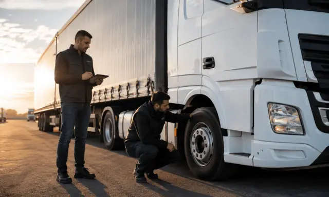 Deux hommes inspectent un camion blanc, l'un vérifiant la roue, l'autre tenant une tablette. Le transport moteur hors bord sur remorque est prêt pour la route.
