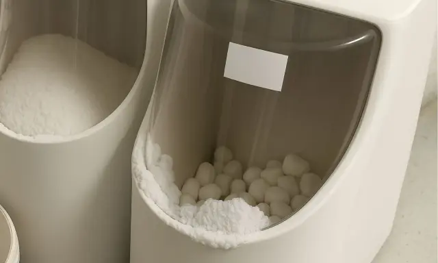 Deux bacs blancs remplis de sel pour adoucisseur d'eau, l'un en poudre, l'autre en pastilles.