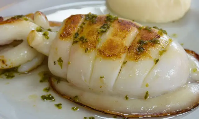 Delicioso sepia a la plancha con hierbas verdes, servido en un plato blanco con una guarnición cremosa.