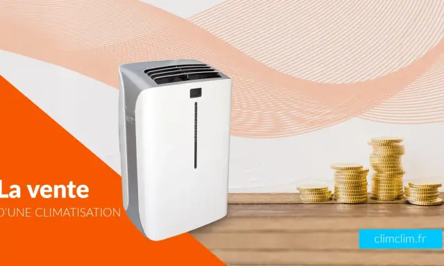 Climatisation en vente, profitez d'une longue durée garantie pour votre confort. Des piles de pièces d'or symbolisent l'économie.
