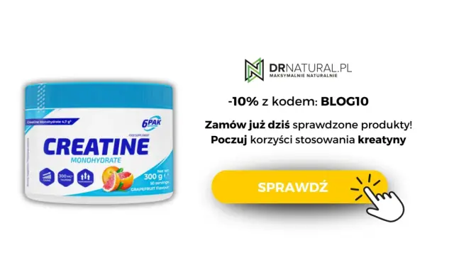 Opakowanie kreatyny monohydratu o smaku grejpfrutowym z ikonami korzyści.