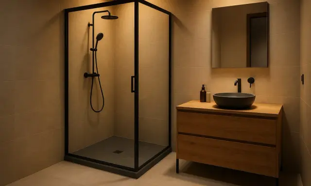 Moderno bagno con box doccia angolare e piatto doccia nero. Mobile lavabo in legno con lavabo nero e specchio.