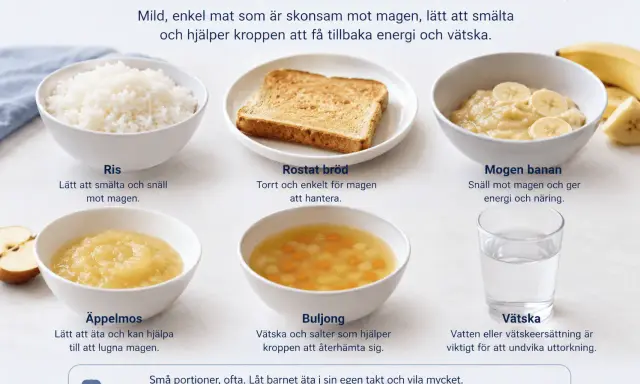 Mogen banan, ris, rostat bröd och äppelmos är bra vid magsjuka. Banan ger energi och näring.