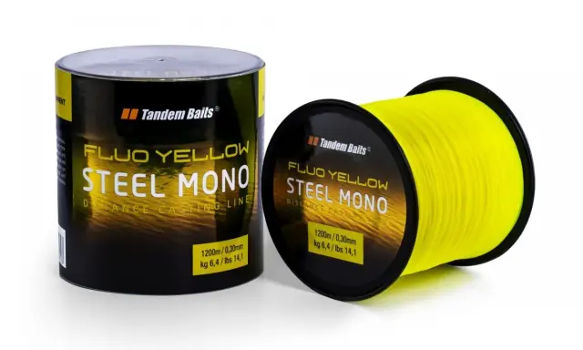 Jaka żyłka karpiowa do dalekich rzutów? Tandem Baits Steel Mono Fluo Yellow, 1200m, 0,30mm, 6,4kg. Idealna na rekordowe zasięgi.