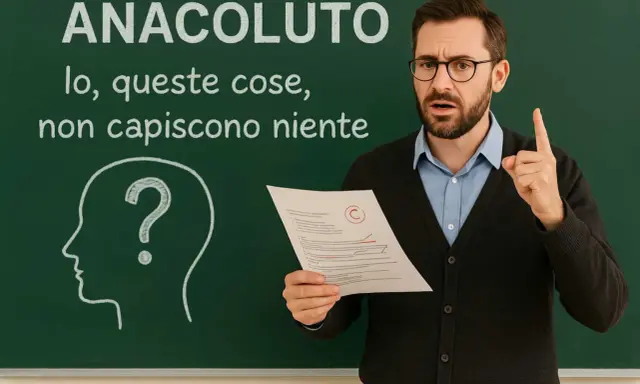 Un professore mostra un foglio con un "C" e una frase scritta alla lavagna: "ANACLUTO, io, queste cose, non capiscono niente".