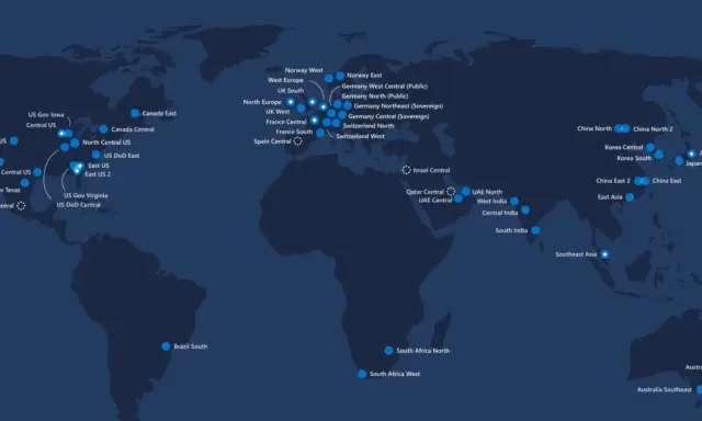 Carte des **azure regions** mondiales, montrant les centres de données disponibles et annoncés.