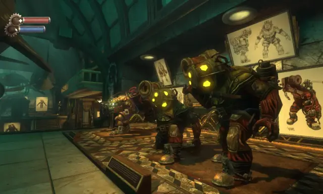 Trzy Big Daddy z Bioshock The Collection w podwodnym mieście Rapture. Na ścianach wiszą szkice postaci.