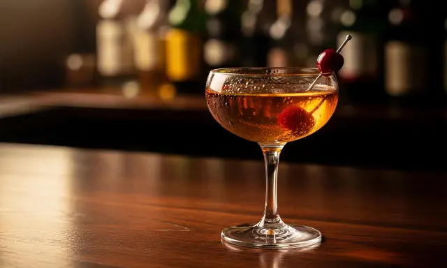 En klassisk manhattan drink med körsbär, serverad i ett elegant glas på en träbar.