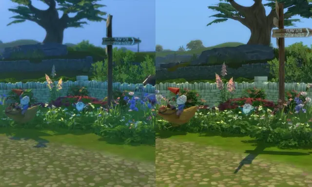 Porównanie grafiki w Sims 4 z różnymi sims 4 shaders. Widać krasnala na kurczaku i kwiaty.