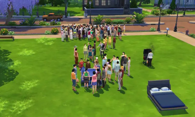 Impreza w The Sims 4 z mod na więcej niż 8 simów. Tłum Simów bawi się na trawniku, grilluje i gra w szachy.