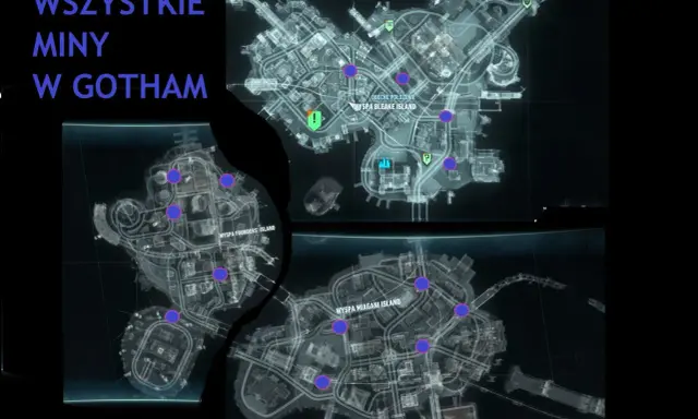 Mapa z zaznaczonymi minami w Gotham. Poradnik Batman Arkham Asylum pomoże Ci je odnaleźć.