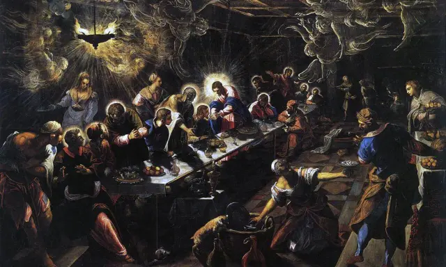 Le festin chez Simon le Pharisien, une œuvre de Jacopo di Robusti, dit Le Tintoret. Jésus est au centre, entouré d'anges et de convives.