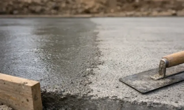 Świeżo wylany, mokry beton czeka na wygładzenie kielnią. Szybki beton to podstawa każdej budowy.