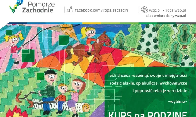 Kolorowy rysunek przedstawia szczęśliwą rodzinę patchworkową przy ognisku i dziewczynkę na koniu. Kurs na rodzinę!