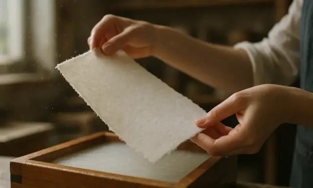 Ręce wyjmują świeżo zrobiony papier z drewnianej formy. Proces tworzenia papieru krok po kroku.