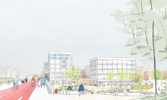 Skizze einer lebendigen Stadtentwicklung: Radwege, moderne Gebäude, die Stadtbibliothek Berlin Pankow und grüne Flächen symbolisieren eine gelungene urbane Transformation.