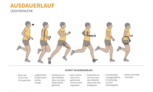 Illustrationen zeigen Schritte des Ausdauerlaufs: aufrechte Haltung, Fußaufsatz auf dem Fußballen, Armschwung. Man kann fast auf der Stelle laufen.