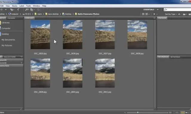 Vista previa de fotos de paisajes en Photoshop. Se aprecian varias imágenes de cañones y cielos nublados, listas para ser editadas en un proyecto de panoramica photoshop.