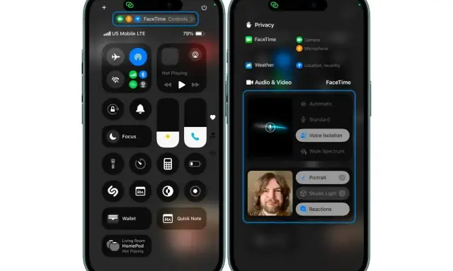 Jak aktywować FaceTime? Widok centrum sterowania i ustawień audio/wideo na iPhonie, pokazujący opcje izolacji głosu.