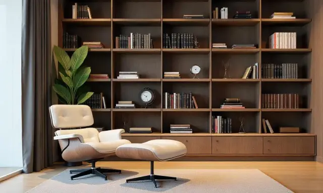 Un fauteuil confortable et un pouf invitent à la lecture dans ce salon où l'on a choisi d'aménager une bibliothèque murale.