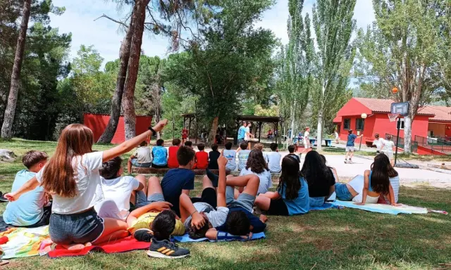 Niños disfrutando de actividades al aire libre en campamentos de verano aula joven. Un grupo observa un partido de baloncesto mientras otros descansan en el césped.