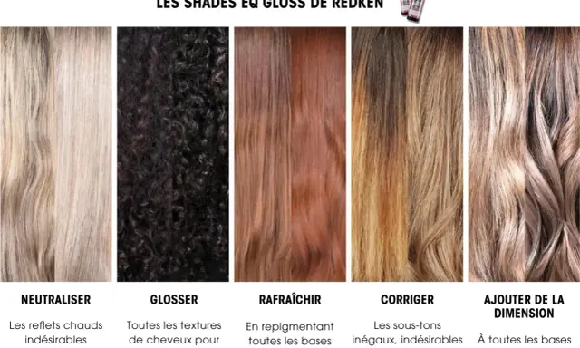 Cinq échantillons de couleur de cheveux, du blond clair au brun foncé, illustrant les effets des teintes Redken Shades EQ Gloss. Chaque couleur de cheveux a un nom et une description.