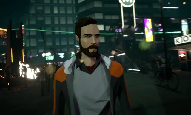 Mężczyzna w futurystycznym mieście, przypominającym gry podobne do Detroit: Become Human. Neonowe światła, tłum i nowoczesna architektura.