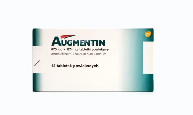 Opakowanie leku Augmentin, 875 mg + 125 mg. Pytasz, jaki antybiotyk na zatoki? Ten lek może być stosowany w leczeniu infekcji bakteryjnych.