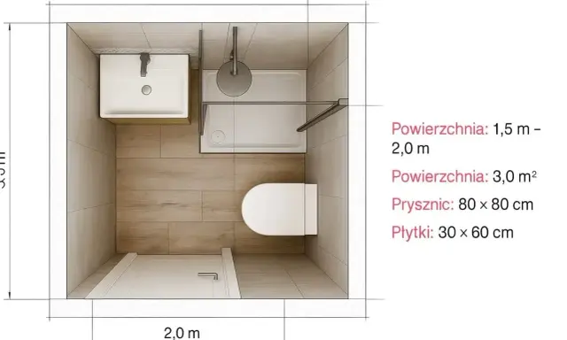 Mała łazienka rzut: umywalka, WC, prysznic 80x80 cm, drzwi. Wymiary 2x3,5m.