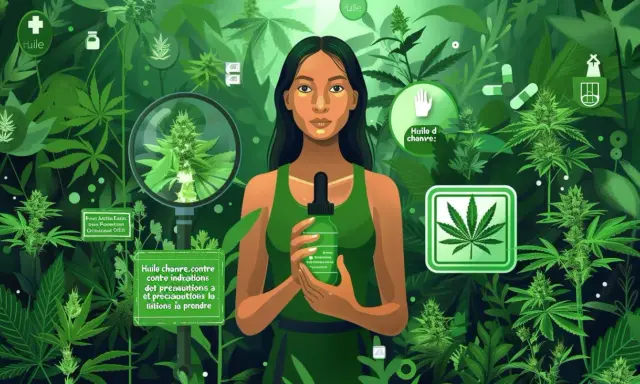 Une femme tient une bouteille d'huile de chanvre au milieu de plantes de cannabis. L'image illustre les bienfaits de l'huile de chanvre.