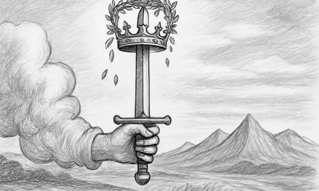 En hand håller ett svärd krönt med lagerkrans, symbol för andlig upplysning. Moln och berg i bakgrunden.