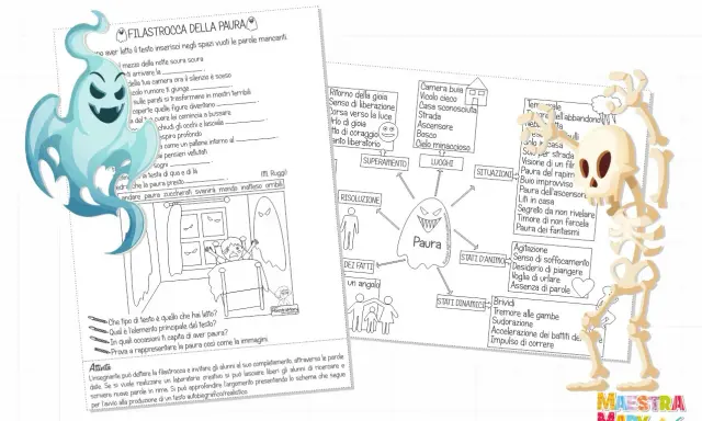 Attività sulla paura scuola primaria: filastrocca, schema su cosa genera paura e disegni di bambini spaventati e scheletri.