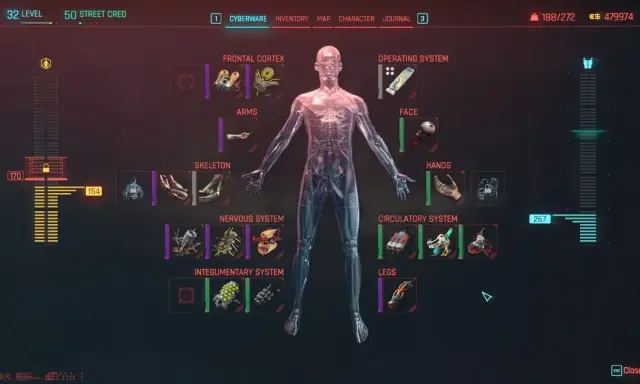 Cyberpunk poradnik: interfejs postaci z widocznym cyberwarem, od systemów operacyjnych po nogi.