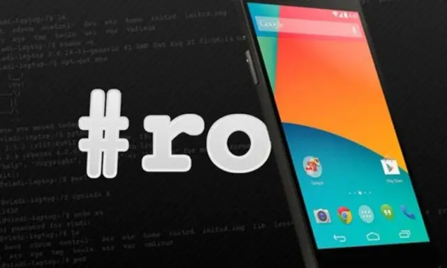 Smartfon z Androidem i hasztagiem #ro, sugerującym jak zrootować telefon. W tle widać fragmenty kodu.